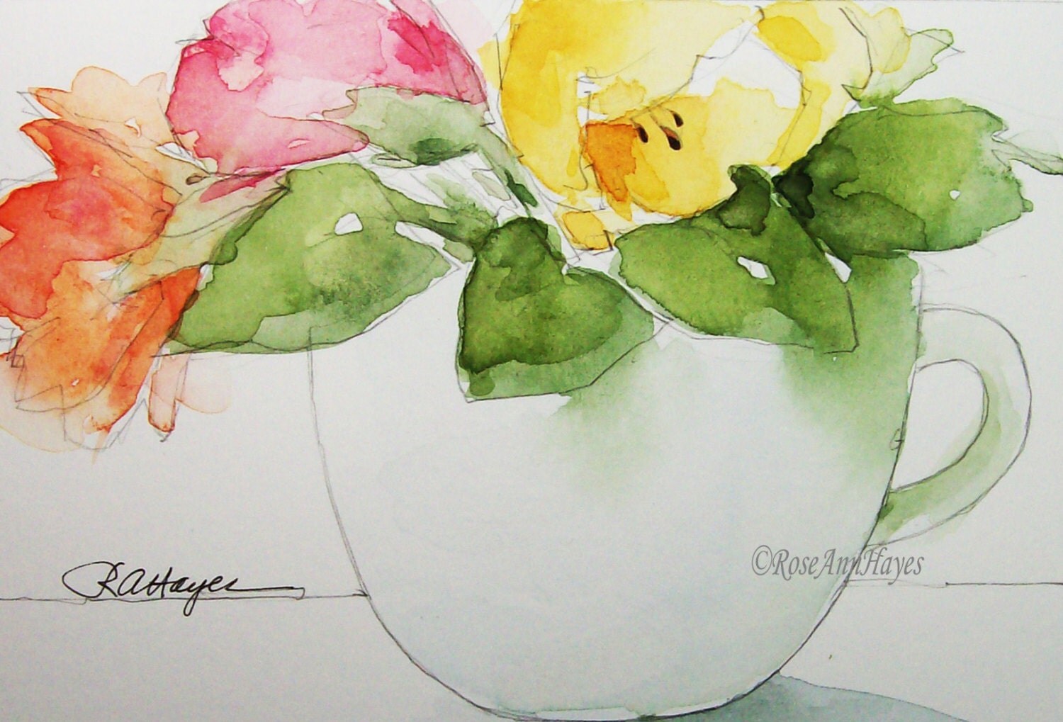 Colorful Flowers in a Coffee Cup Watercolor Painting