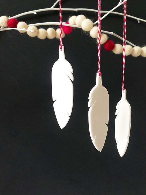 6 Feather Christmas Tree Decorations Holiday ornaments White