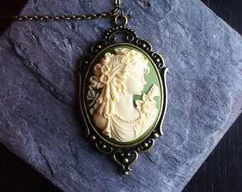 Irish green cameo necklace, irish, cameo jewelry, antique brass necklace, holiday gift ideas, gift ideas for mom, unique Christmas gift