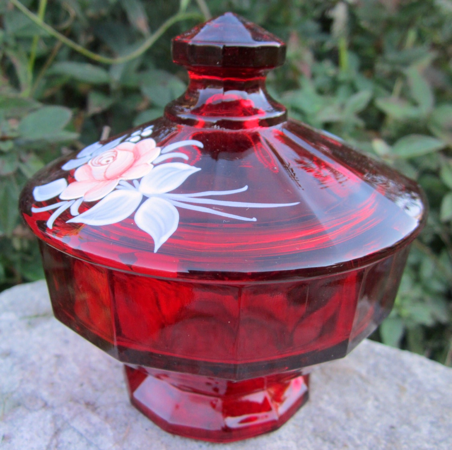 Ruby Red Glass Candy Dish Lidded Bowl Westmoreland Signed by ddb7