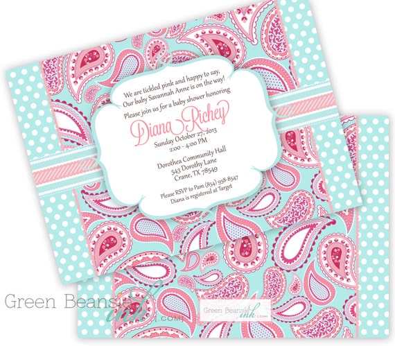 BLUE & PINK PAISLEY Printable Party Invitation Printing Available Il_570xn