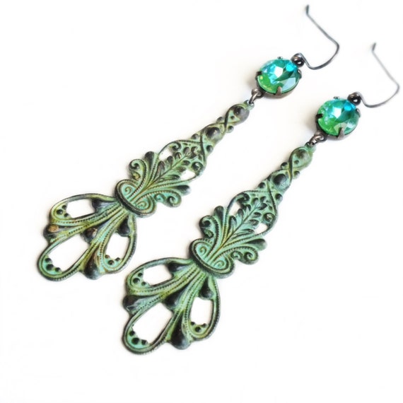 Long Green Art Deco Earrings Verdigris Jewelry Vintage by skeptis