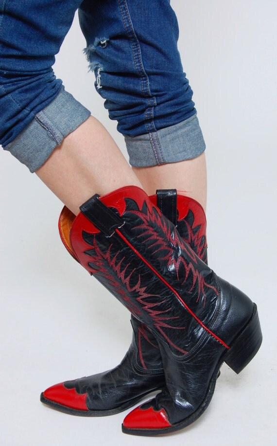 Vintage 80s Cowboy Boots TWO TONED Western Boots Black & Red Leather