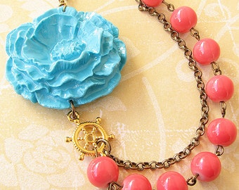Flower Necklace Turquoise Jewelry Coral Necklace Statement Necklace Nautical Jewelry Beaded Necklace Gift For Her