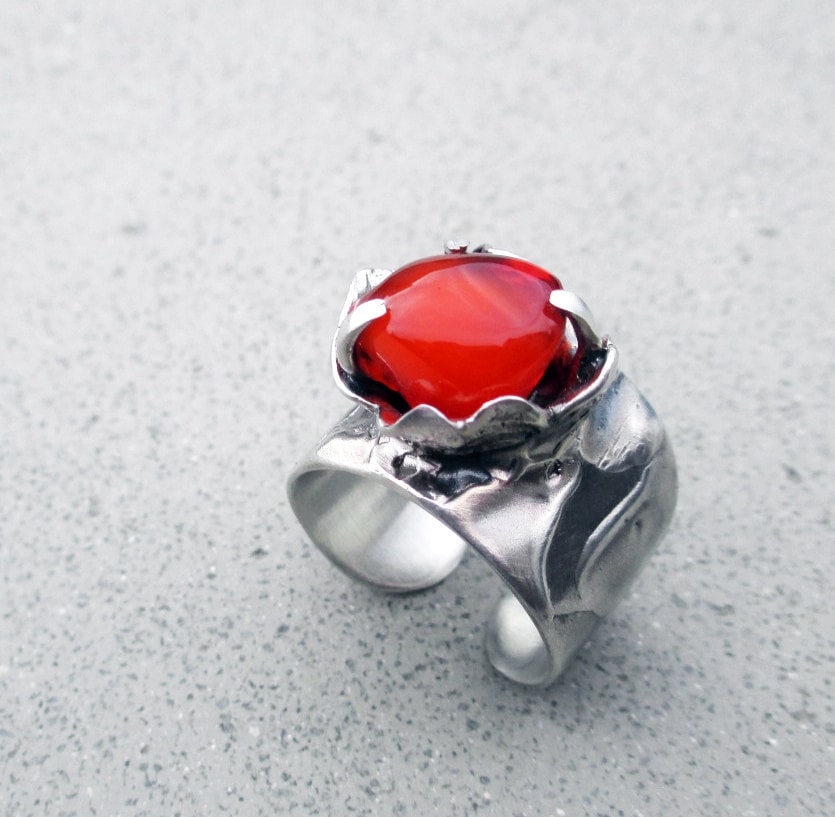 Red Mexican Fire Opal Flower Ring Sterling by SilviasCreations