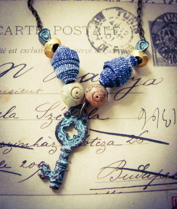 Green Green Patina Vintage Key Pendant Necklace Recycled Denim