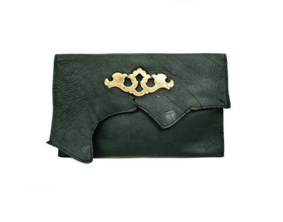 Black Leather Clutch - Raw Edge and Gold Vintage Antique Escutcheon Key ...