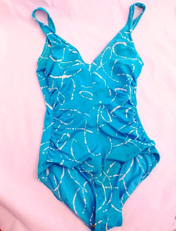Vintage TURQUOISE Swimsuit 80s Aqua Blue One by MadLexVintage
