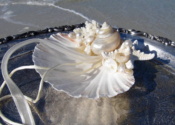 Beach Wedding Ring Bearer's Shell with Coral, White Starfish, Golden Turbo, Pearls and Pearl Umbonium