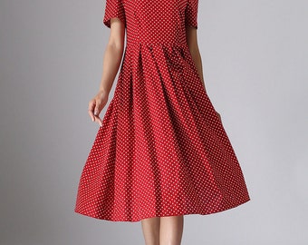 linen dress, polka dot dress, midi dress, womens dresses, red polka dot dress, cocktail dress,party dress,retro dress, made to order (974)