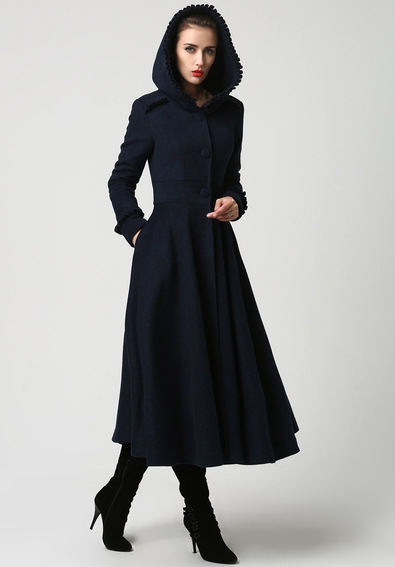 long wool coat Womens coats Navy Blue coat Wool Coat by xiaolizi