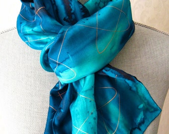 Ocean Blues with Gold Hand Dyed Silk Scarf