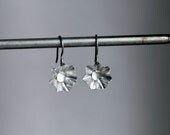 Silver Flower earrings , hand formed aluminum , silver star earrings , vintage clear crystal cabochon , eco friendly , upcycled metal