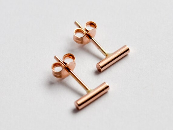 14k Rose Gold Bar Earrings Minimalist 14K Rose Gold Studs