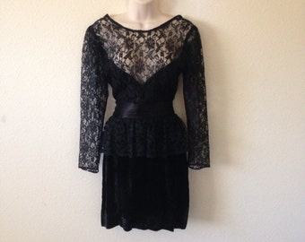 Vintage Dress - GUNNE SAX Black Velvet Lace Witchy Peplum Dress Stevie ...