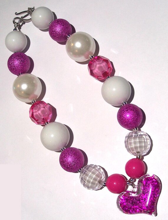 Hot Pink Glitter Heart Girls Chunky Necklace by HauteTottiesBling