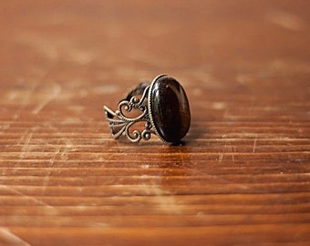 Black Onyx Ring Black Stone Ring Antiqued Gold Brass Filigree Ring Black Ring Black Gemstone Ring Black Oval Ring
