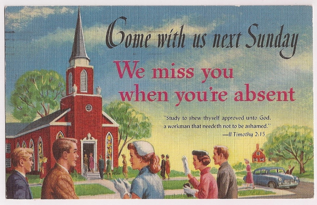 Vintage Church Sunday School Postcard We Miss You When You are