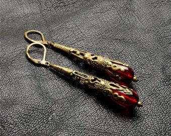 Red Earrings Victorian Steampunk Earrings Antique Brass Red Dangle Earrings Victorian Romantic Steampunk Jewelry By Victorian Curiosities