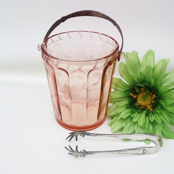 Vintage Pink Depression Glass Ice Bucket Silver Ice Tongs