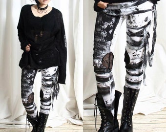 Unisex Ultra Long Gathered Punk Gothic Rocker Distressed Tie Dye Legging/Pants
