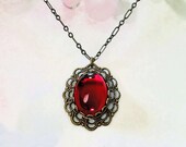 Ruby Red Necklace Vintage West German Ruby Red Glass Cabochon Jewel Necklace Modern OX Brass Settings July Birthstone Prom Ruby Red Necklace Vintage West German Ruby Red Glass Cabochon Jewel Necklace Modern OX Brass Settings July Birthstone Prom