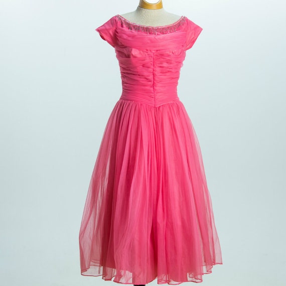 Items similar to 1950s Pink Chiffon Party Dress/ 50s Beaded Ruched Prom ...