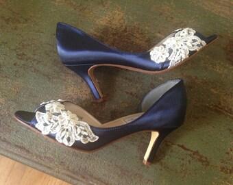 SALE Wedding shoes peep toe marine blue low heel short heel high heel bridal shoes embellished with ivory lace - Ready to Ship Size 5.5