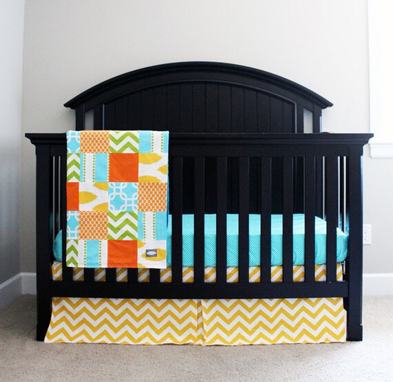 Items similar to Custom Crib bedding Green, Aqua, Orange, and Yellow