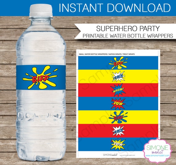 superhero party water bottle labels or wrappers instant download