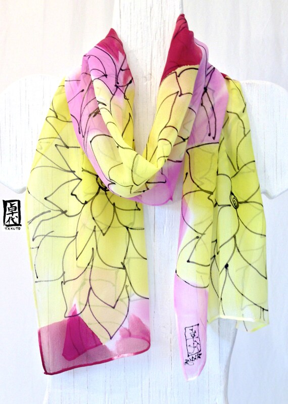 Hand Painted Silk Scarf, Pastel Yellow and Purple Wildflowers Spring