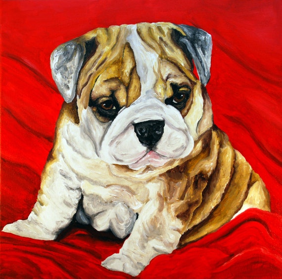 BullDog Painting Original art 12x12 inch red Puppy