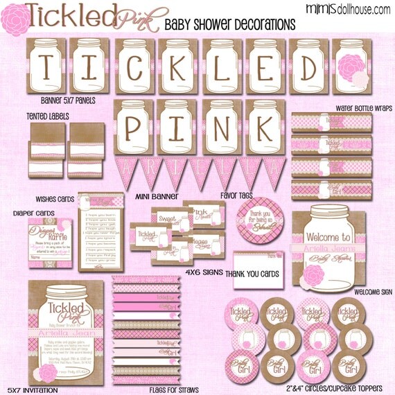 Vintage Mason Jar Baby Shower Decorations- Printable Tickled Pink Baby Shower Decorations PDF/JPEG- Mason Jar Inspired Party Decorations Il_570xn