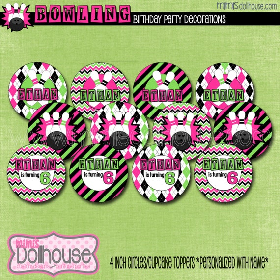 PERSONALIZED Bowling Pink 4" Circles/Cupcake Toppers-Retro Bowling 4" Circles/Cupcake Toppers-PDF Il_570xn