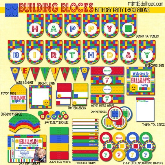 Building Block Decorations- Printable Lego Birthday Party Decorations- Lego Birthday Party PDF/JPEG Il_570xn