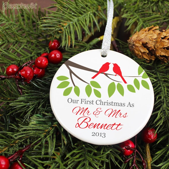 Our First Christmas as Mr and Mrs Lovebirds Ornament- Personalized Porcelain Newlywed Holiday Ornament - Just Married- orn59 - Custom Colors