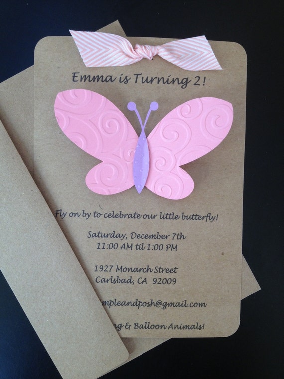 Butterfly Invitations Custom Made and Handmade for Kid's Birthday Party or Baby Shower on Kraft Paper, Set of 8 Invites