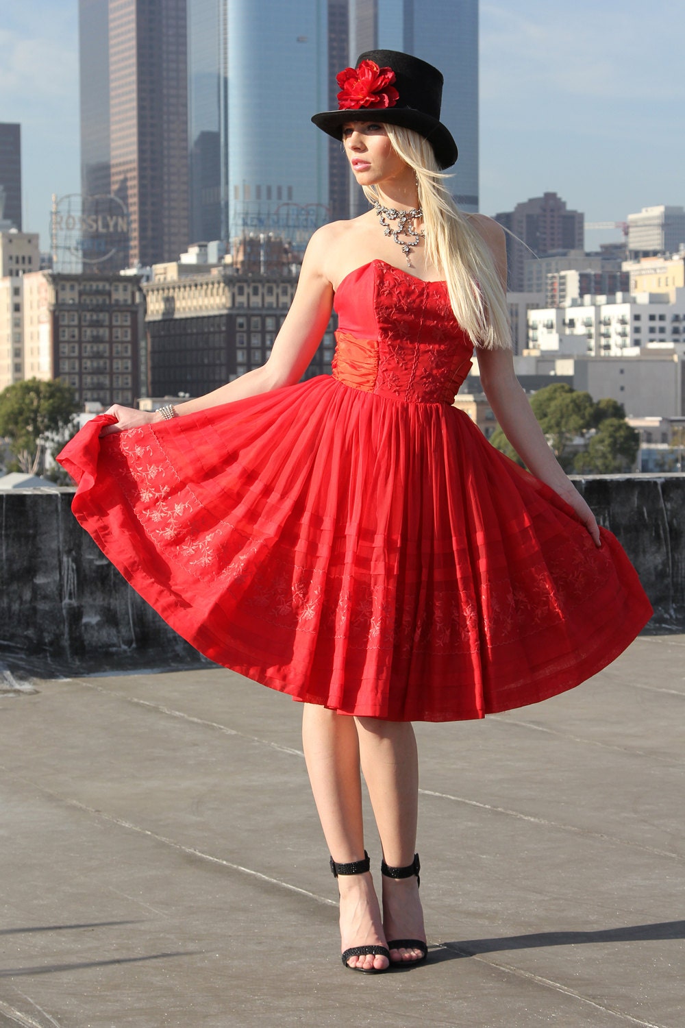 Vtg 50s Red Tulle Strapless Dress Pinup Petticoat Lace Full