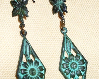Verdigris DECO DANGLES, Newly HANDMADE, Blue Patina - "The Abbey" - Gorgeous Dangle,Blueish Green Patina