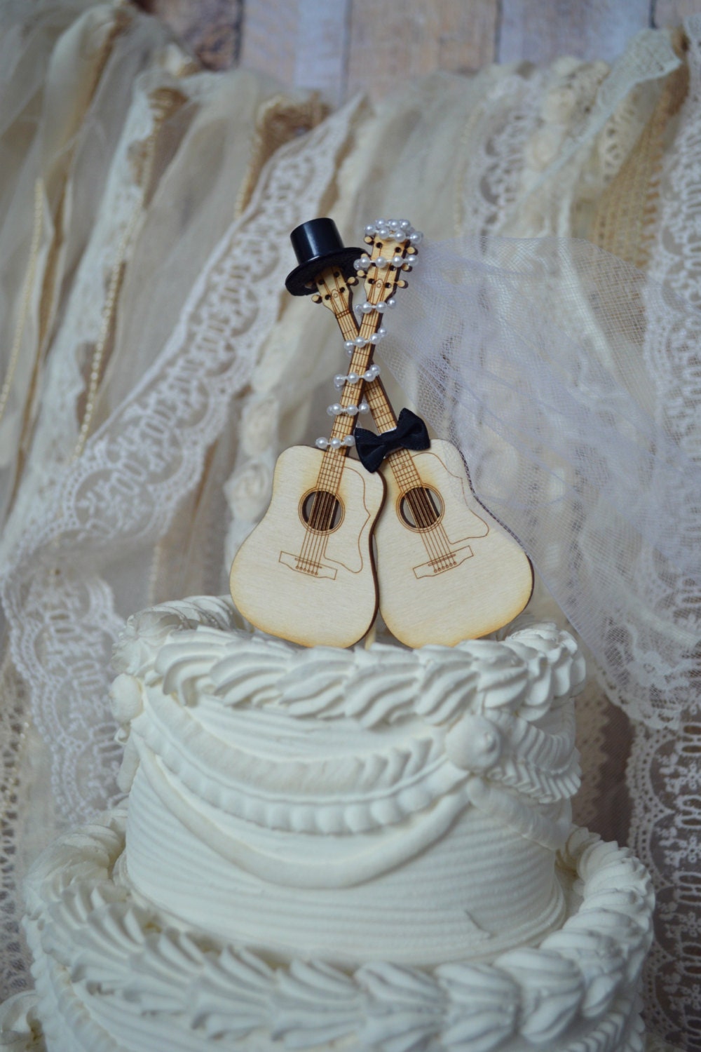  Guitar  wedding  cake  topper  musician ivory veil ivory wedding 