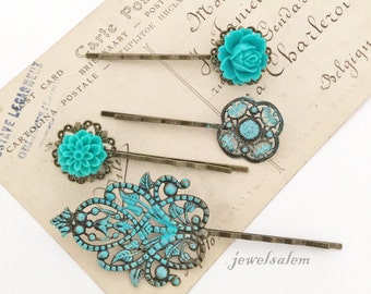Teal Wedding Floral Hair Pins Turquoise Aqua Blue Flower Hair Slide Vintage Style Bridal Bobby Pin Set of 4 Bridesmaids Flower Girls Party