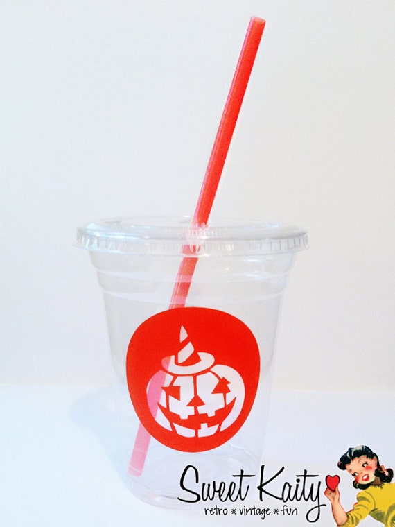 24 Halloween Pumpkin Disposable Party Cups, Lids and Plastic Straws - 12 oz or 16 oz - Halloween Party Il_570xn