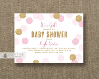 Blush Pink & Gold Baby Shower Invitation Girl Glitter Polka Dots Modern Baby Sprinkle Invite FREE PRIORITY SHIPPING or DiY Printable - Leigh
