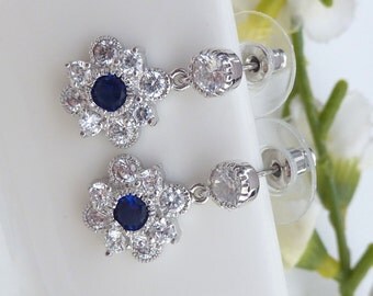Kate Middleton Celebrity Inspired Earrings - High Quality Fancy Cubic Zirconia Flower Drop with Sapphire Blue CZ Post Earrings