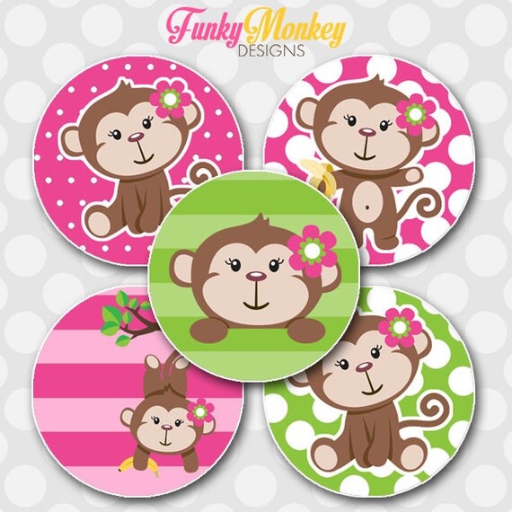 INSTANT DOWNLOAD Pink/Green Monkey Girl 4x6 1 inch bottle cap images/collage sheet Il_570xn
