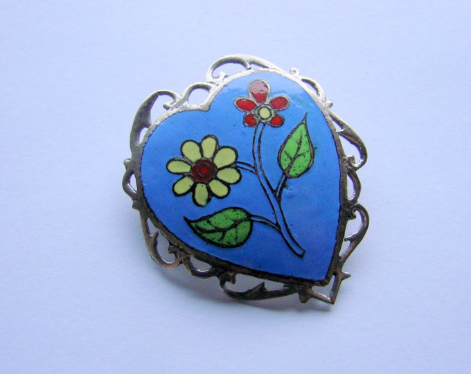 Vintage Siam Sterling Blue Enamel Niello Brooch / Heart Motif / Floral / Jewellery / Jewelry / Jewellery