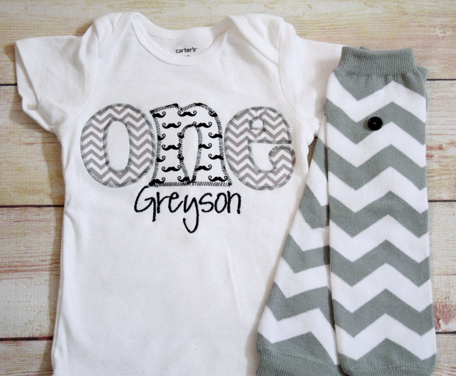 Mustache 1st Birthday Set - First Birthday Black White Gray Chevron Mustache Shirt or Bodysuit, Gray Chevron Leg Warmers