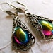Art Nouveau Peacock Earrings Vintage Iris Blue Earrings Sterling Filigree Earrings- Rose