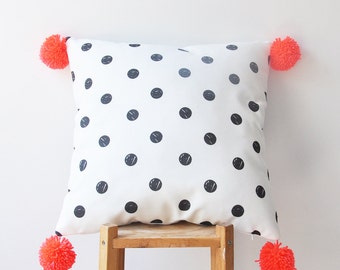 Decorative Pillow, Modern Nursery Pillow, Geometric Kids Pillow, Throw Pillow, Neon Orange Pompoms 16" x 16"