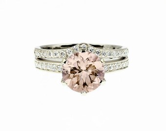 Morganite engagement ring set, solitaire, peach morganite ring, wedding ring set, diamond wedding, curved, white gold, yellow gold